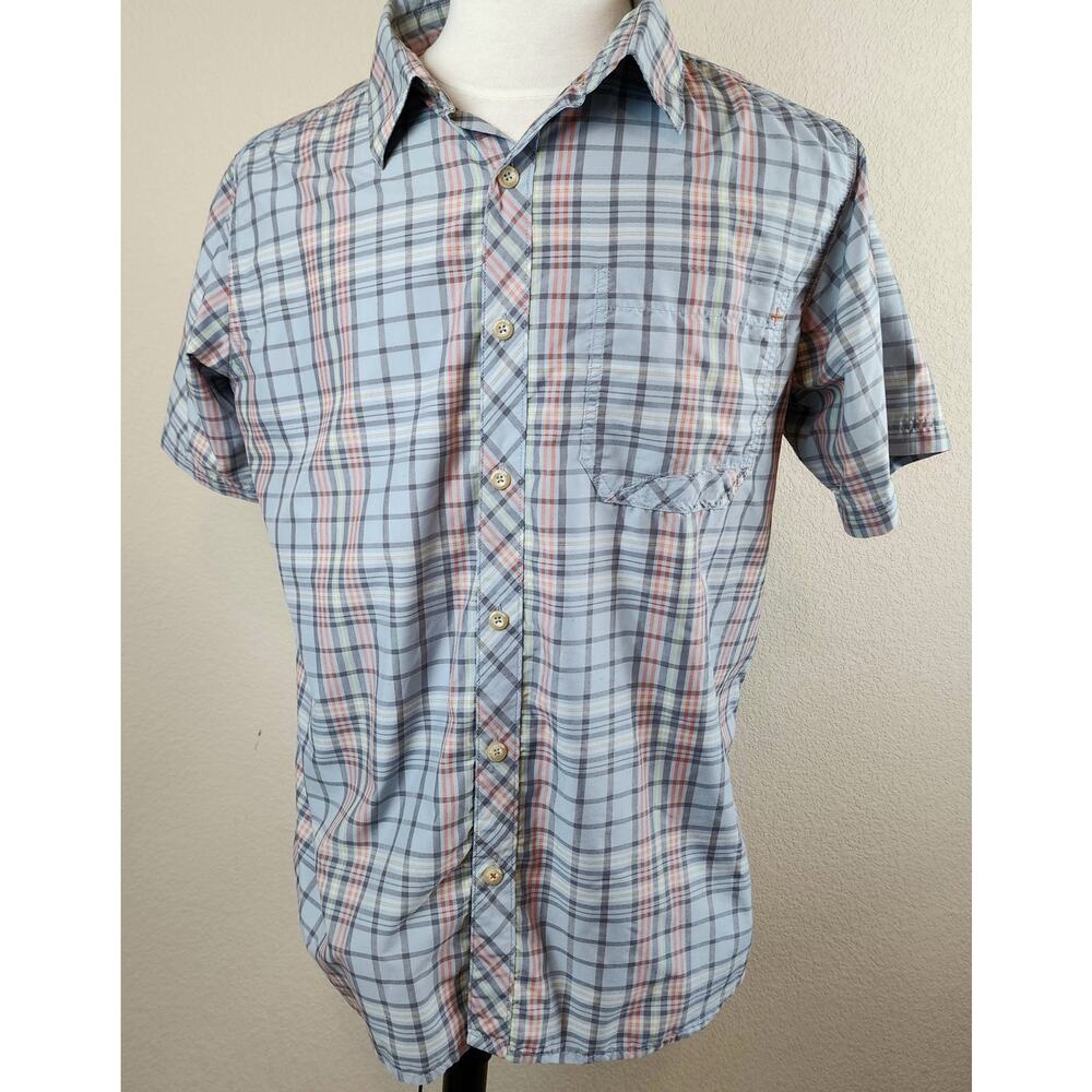Basin and Range Blue Orange Plaid SS Shirt Lightweight Mens Large Fishing Hiking